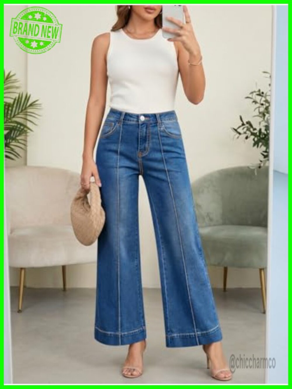 High Waisted Wide Leg Cropped Stretch Denim Jeans Baggy Fit Women - Picture 5 of 6
